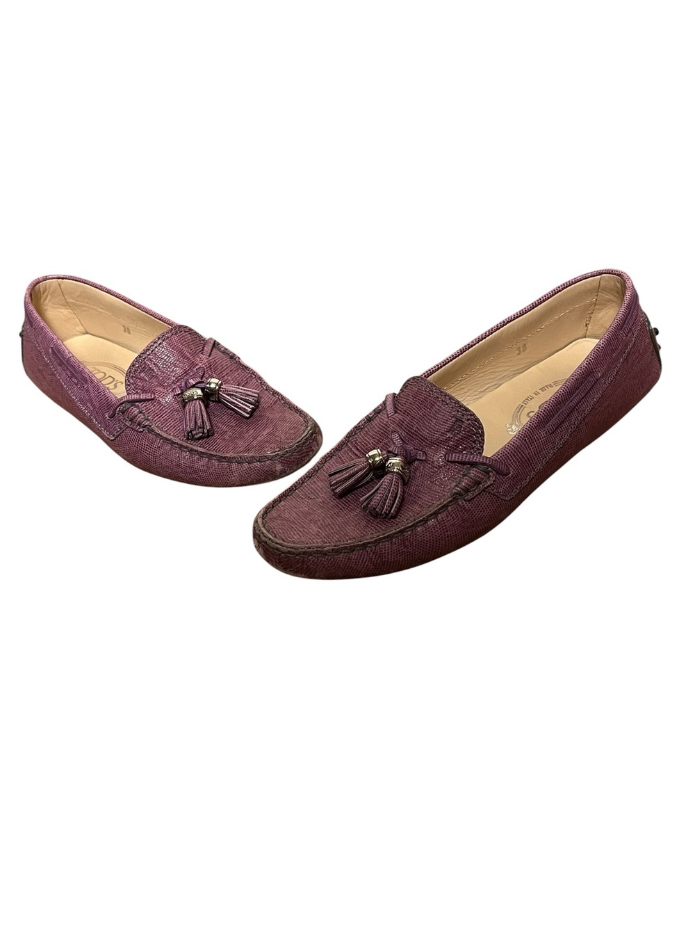 Tod's Gommino purple lizard-embossed leather tassel driving loafer moccasins 38 - Picture 8 of 16
